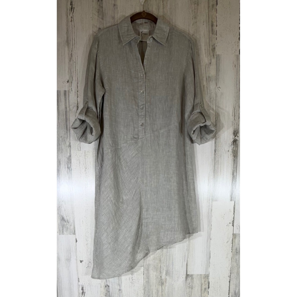 Finley Linen Dress Medium Beige Oatmeal Asymmetrical Hem Roll Tab Sleeve Tunic